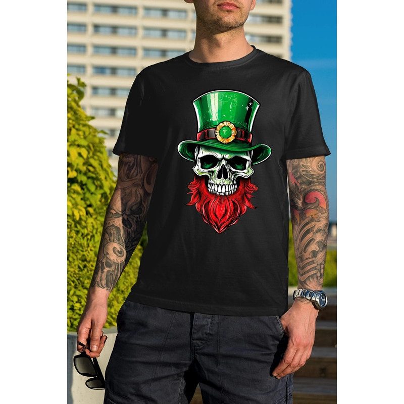 t-shirt noir 100% coton pour homme imprimé d'un crâne avec un chapeau de leprechaun t-shirt noir 100% coton pour homme imprimé d'un crâne avec un chapeau de leprechaun