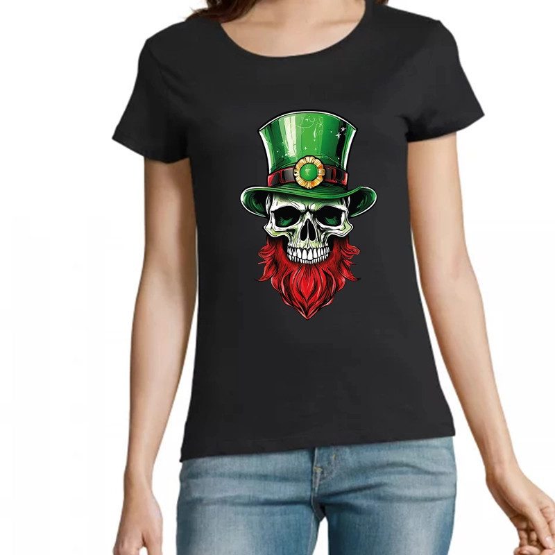 t-shirt imprimé d'un crâne portant un chapeau de leprechaun, noir 100% coton pour femme t-shirt imprimé d'un crâne portant un chapeau de leprechaun, noir 100% coton pour femme