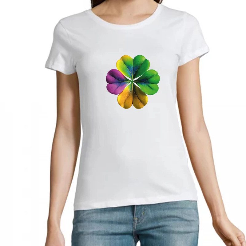 t-shirt blanc 100% coton pour femme imprimé trèfle multicolore t-shirt blanc 100% coton pour femme imprimé trèfle multicolore