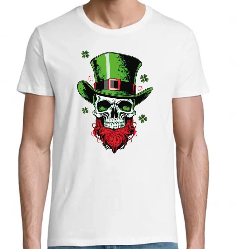 t-shirt blanc 100% coton pour homme imprimé crane saint patrick t-shirt blanc 100% coton pour homme imprimé crane saint patrick