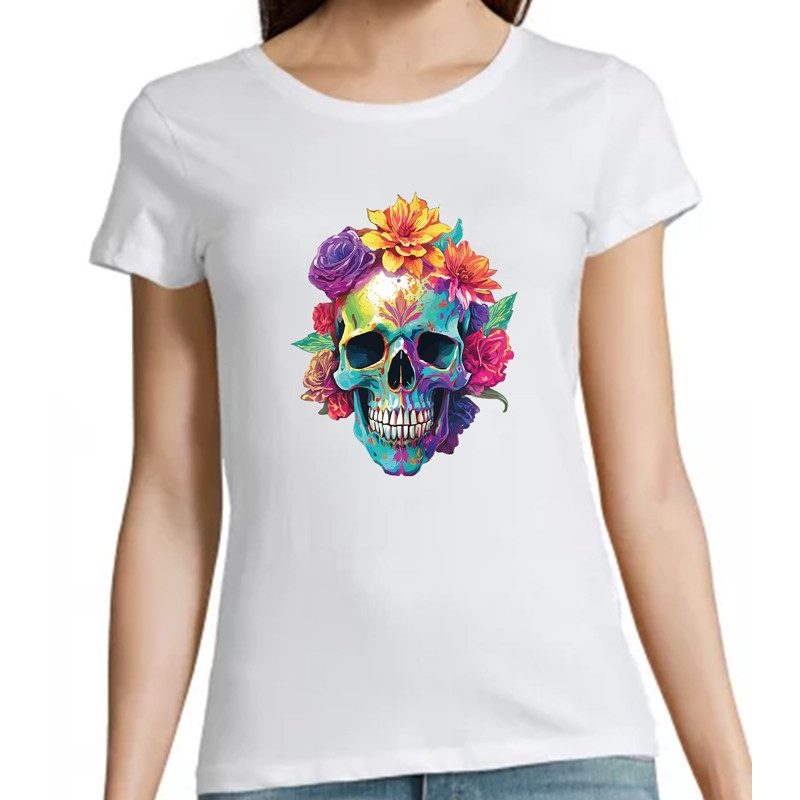 T Shirt Skull Flowers- pour femme T Shirt Skull Flowers- pour femme