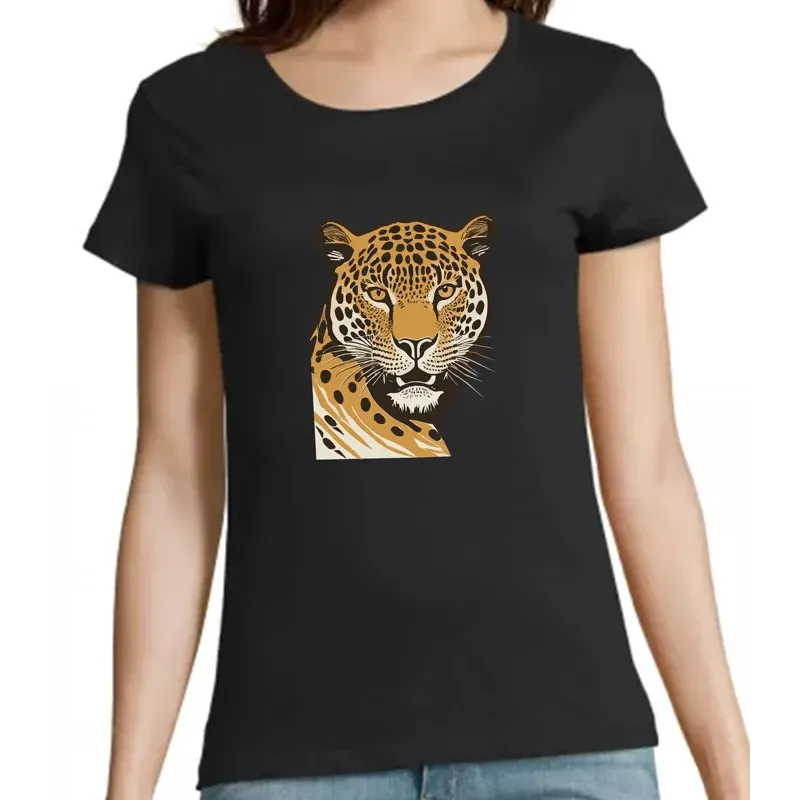 t shirt femme noir imprimé sur la face, une panthère et son regard félin t shirt femme noir imprimé sur la face, une panthère et son regard félin