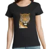 t shirt femme noir imprimé sur la face, une panthère et son regard félin