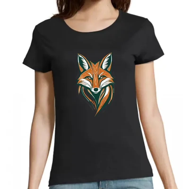 t shirt femme noir imprimé sur la face avec un renard stylisé t shirt femme noir imprimé sur la face avec un renard stylisé