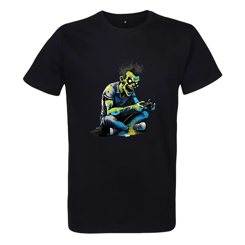 t shirt homme noir imprimé d'un zombie gamer excité sur sa console t shirt homme noir imprimé d'un zombie gamer excité sur sa console