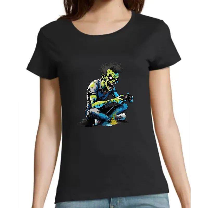 t-shirt noir pour femme 100% coton imprimé d'un zombie gamer t-shirt noir pour femme 100% coton imprimé d'un zombie gamer