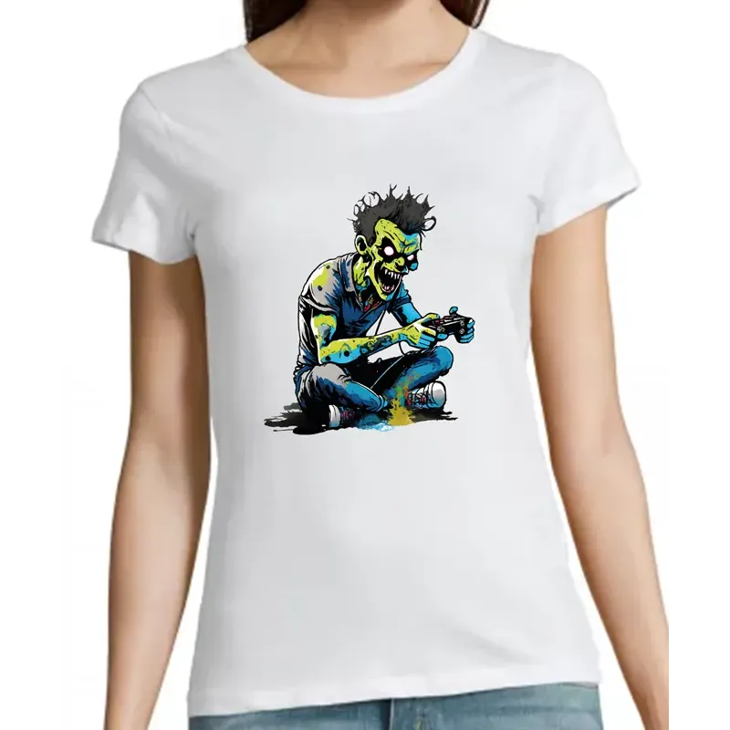 t-shirt blanc pour femme 100% coton imprimé d'un zombie gamer t-shirt blanc pour femme 100% coton imprimé d'un zombie gamer