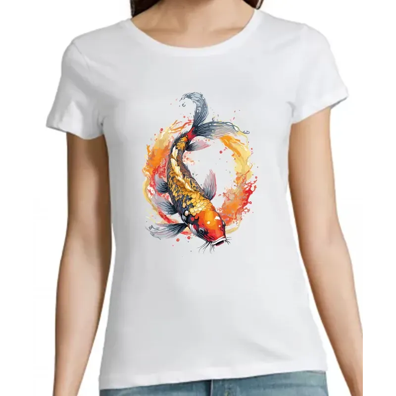t-shirt blanc femme 100% coton imprimé d'une carpe koï aux superbes couleurs t-shirt blanc femme 100% coton imprimé d'une carpe koï aux superbes couleurs