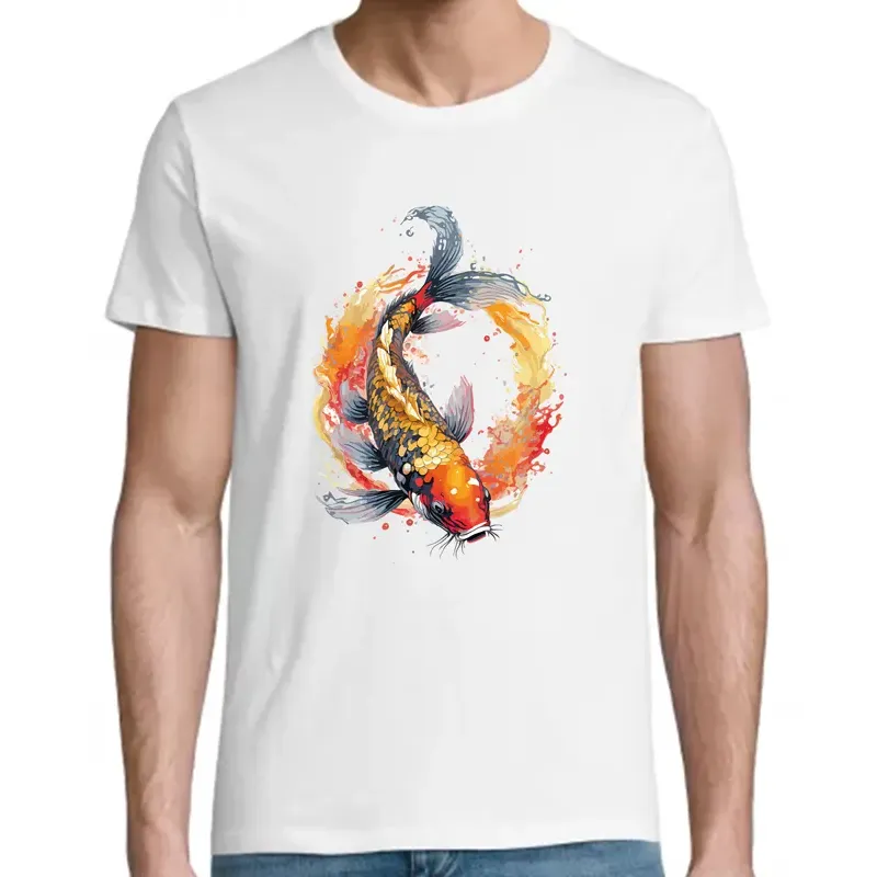 t-shirt blanc homme 100% coton imprimé d'une carpe koï aux superbes couleurs t-shirt blanc homme 100% coton imprimé d'une carpe koï aux superbes couleurs