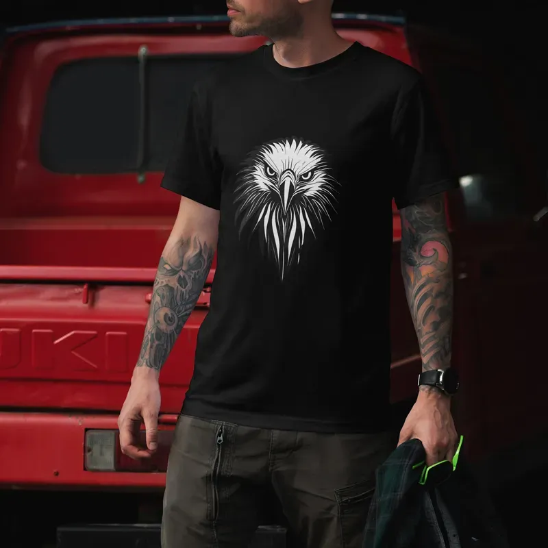 t-shirt blanc homme 100% coton imprimé d'une tête d'aigle, couleur noire t-shirt blanc homme 100% coton imprimé d'une tête d'aigle, couleur noire