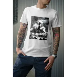 t-shirt homme 100% coton bio imprimé d'un phare dans la tempête - couleur blanc