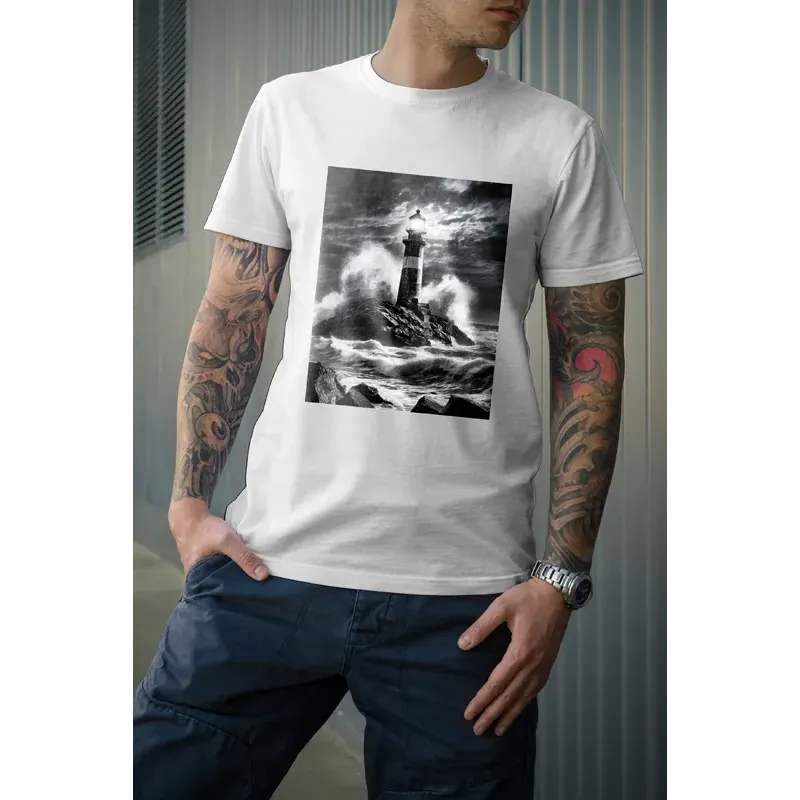 t-shirt homme 100% coton bio imprimé d'un phare dans la tempête - couleur blanc t-shirt homme 100% coton bio imprimé d'un phare dans la tempête - couleur blanc
