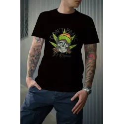t-shirt noir pour homme don't panic it's organic 100% coton bio imprimé d'un rasta et quelques feuilles de weed