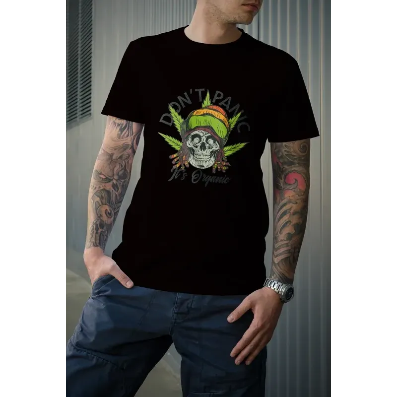 t-shirt noir pour homme don't panic it's organic 100% coton bio imprimé d'un rasta et quelques feuilles de weed t-shirt noir pour homme don't panic it's organic 100% coton bio imprimé d'un rasta et quelques feuilles de weed