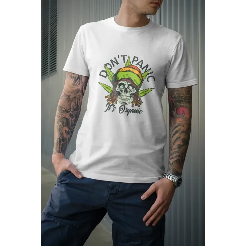 t-shirt pour homme don't panic it's organic 100% coton bio couleur blanc imprimé d'un rasta et quelques feuilles de weed t-shirt pour homme don't panic it's organic 100% coton bio couleur blanc imprimé d'un rasta et quelques feuilles de weed