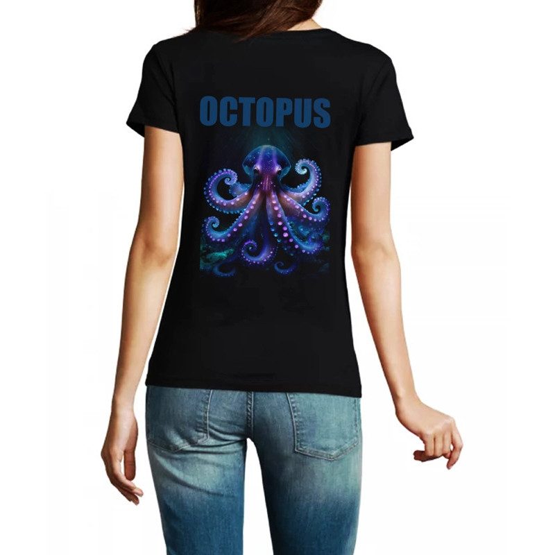 t-shirt octopus 100% coton bio pour femme imprimé octopus et pieuvre bioluminescente bleu violet t-shirt octopus 100% coton bio pour femme imprimé octopus et pieuvre bioluminescente bleu violet